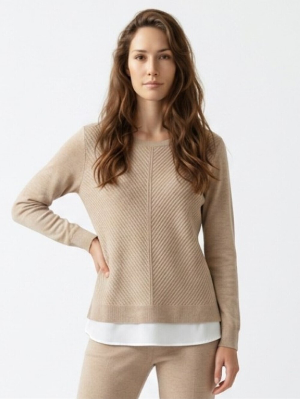 Calvin Klein Beige Ribbed Sweater — Women’s Scoop Neck Layered Sweater
